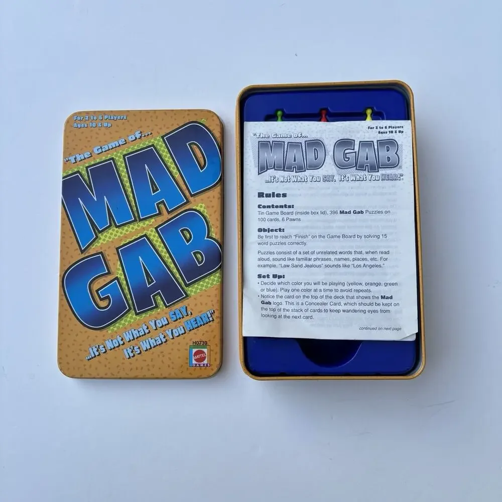 Mad Gab Game Tin COMPLETE Mattel 2004 Travel Party Game Words Humor